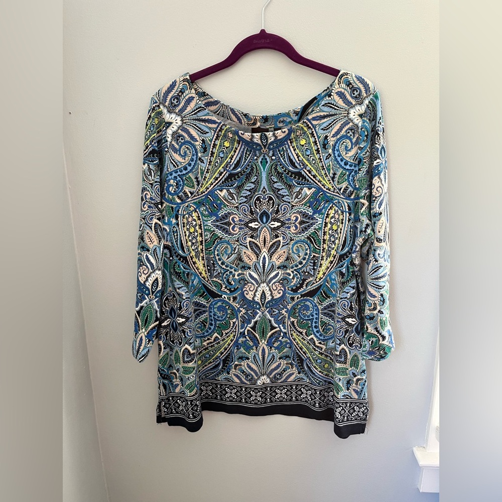 Rafaella, Women’s basic top‎ blue  Multicolor Paisley, 3/4 sleeves, boatneck